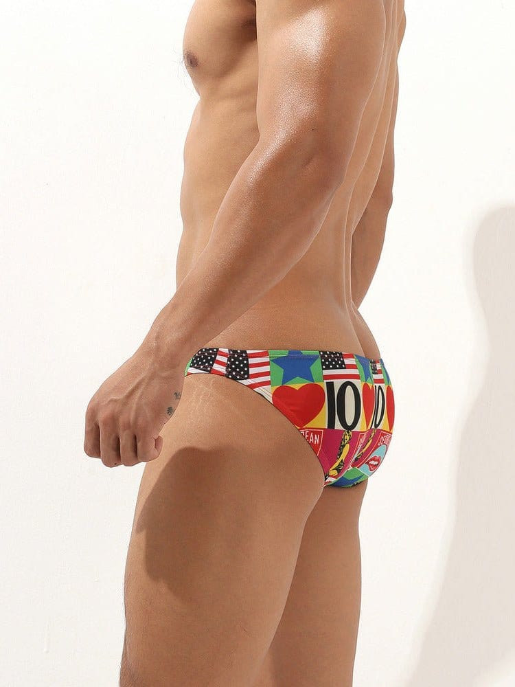 menaful Men's Ice Silk Ultra Thin Print Tight Swim Briefs