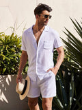 menaful Men's Loose Cotton Linen Shirt Shorts Suit