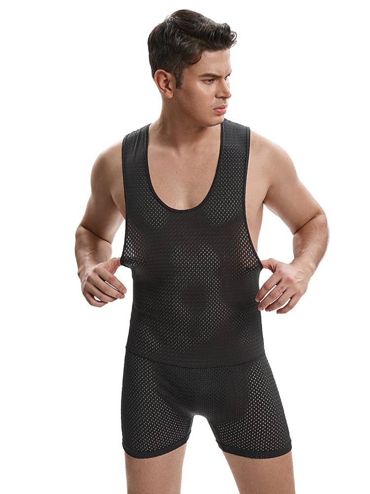 menaful Men's Mesh Breathable Vest Shorts Bodysuit - Black