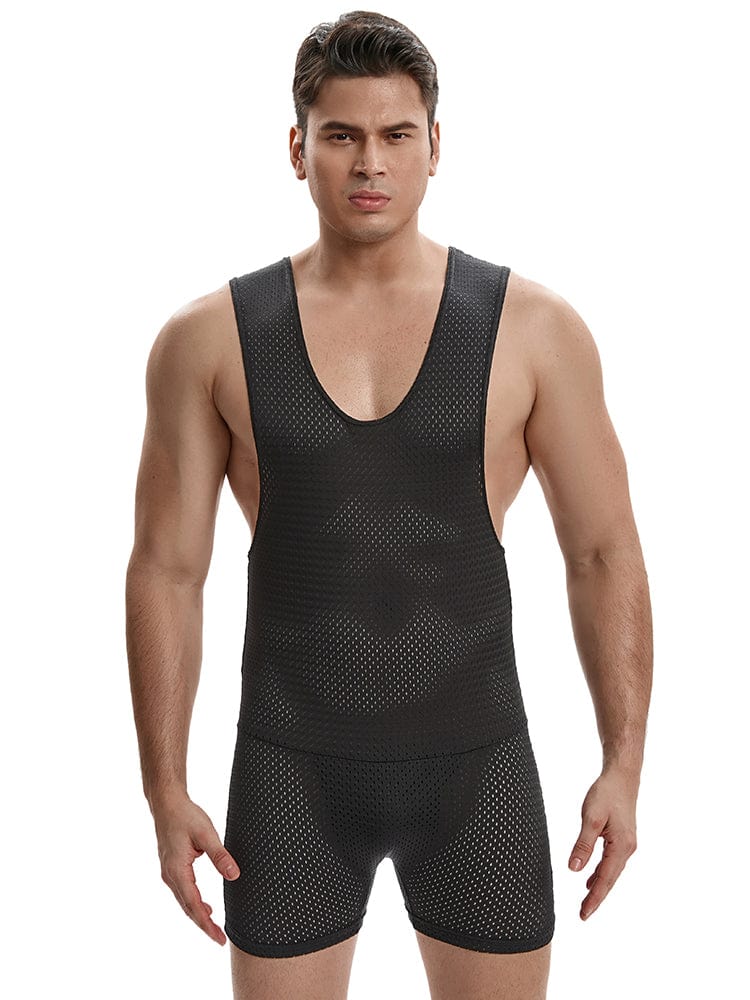 menaful Men's Mesh Breathable Vest Shorts Bodysuit - Black