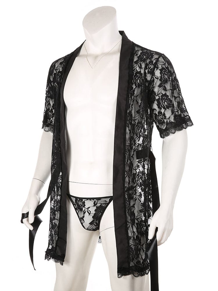 menaful Men's Perspective Temptation Sexy Lace Thong Bathrobe