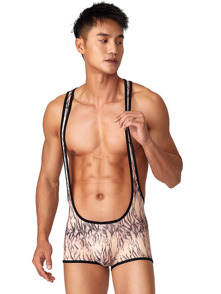 menaful Men's Tiger Print Fitness Bodysuit