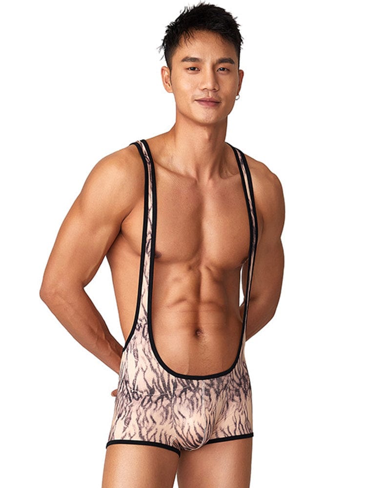 menaful Men's Tiger Print Fitness Bodysuit