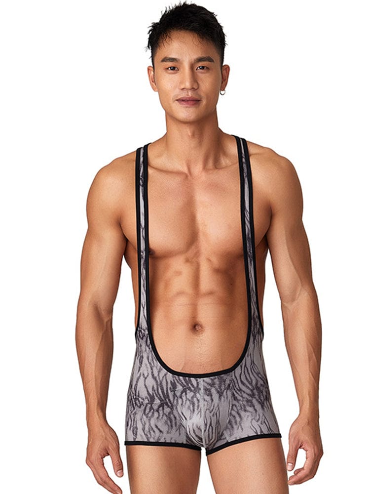 menaful Men's Tiger Print Fitness Bodysuit