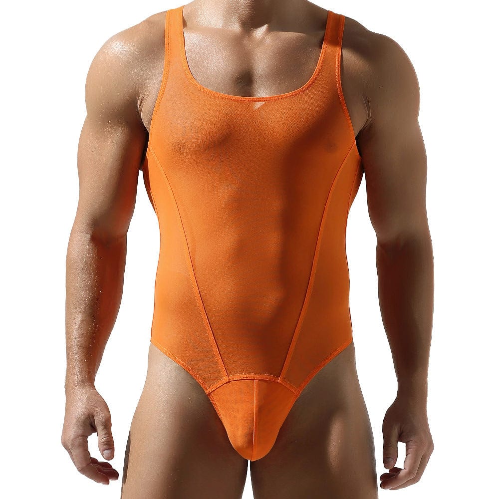 Menaful™ orange / M men's sheer mesh bodysuit