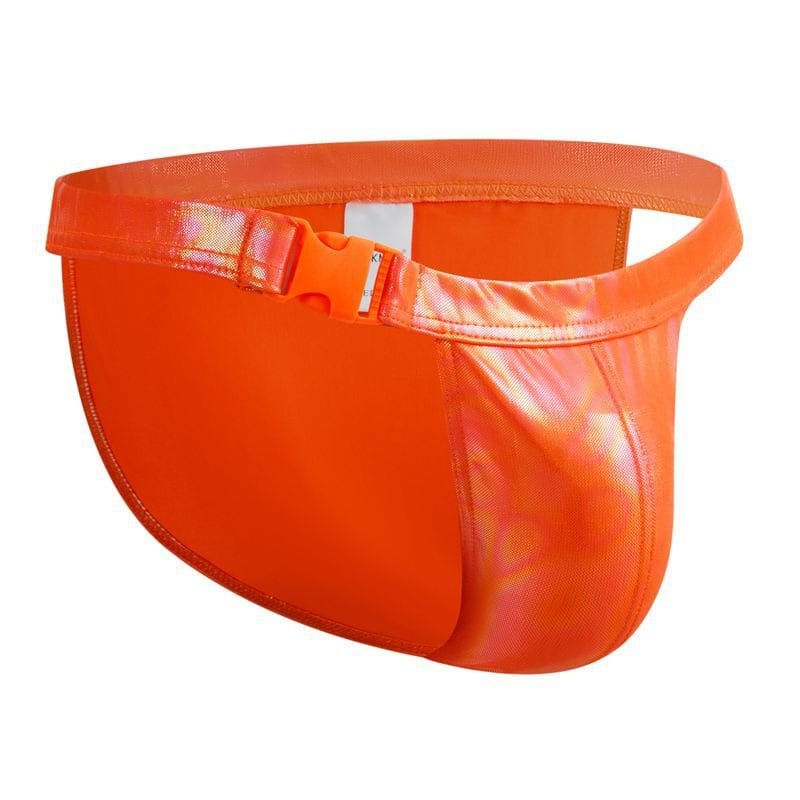 menaful Orange / M Sexy Buckle Laser Faux Leather Briefs