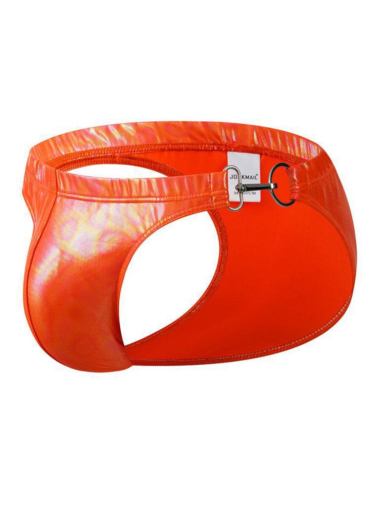 menaful Orange / M Sexy Metal Buckle Laser Faux Leather Briefs