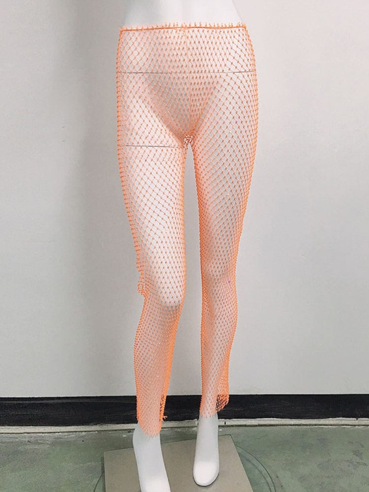 menaful Orange / One Size Sexy See-through Tight Rhinestone Fishnet Stocking