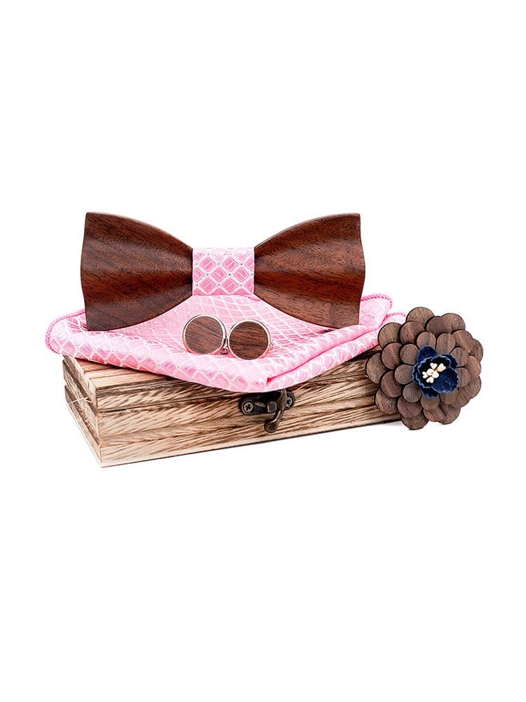 menaful Pink Business Wood Bow Tie Cufflinks Square Scarf Corsage Set