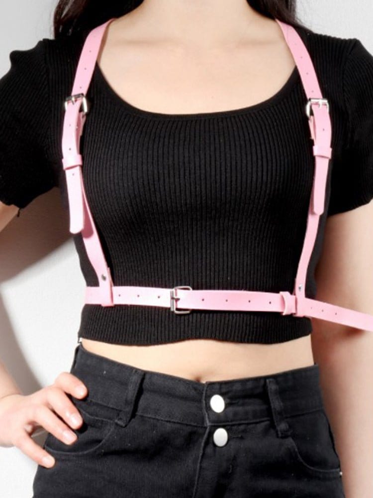 menaful Pink / One Size / PU Leather Beautiful Back Sexy Leather Belt Bondage Harness