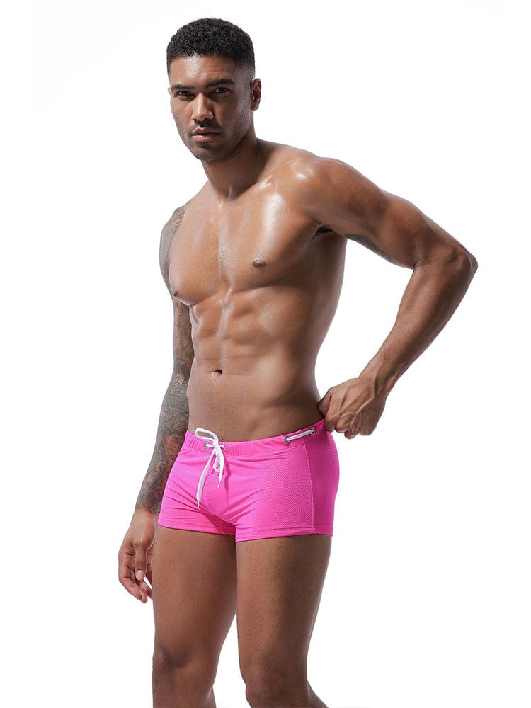 menaful Pink / S Men's Summer Tethered Nylon Low Waist Flat Corner Swim Trunks