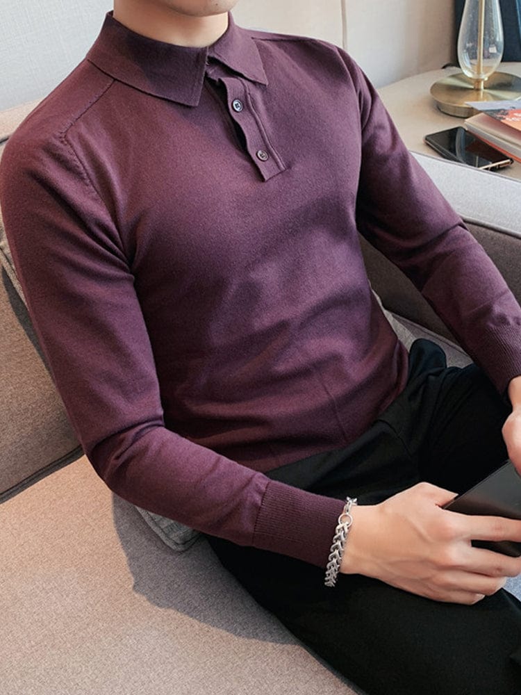 menaful Purple / M Slim-fit Lapel Solid Knitted Bottoming Shirt