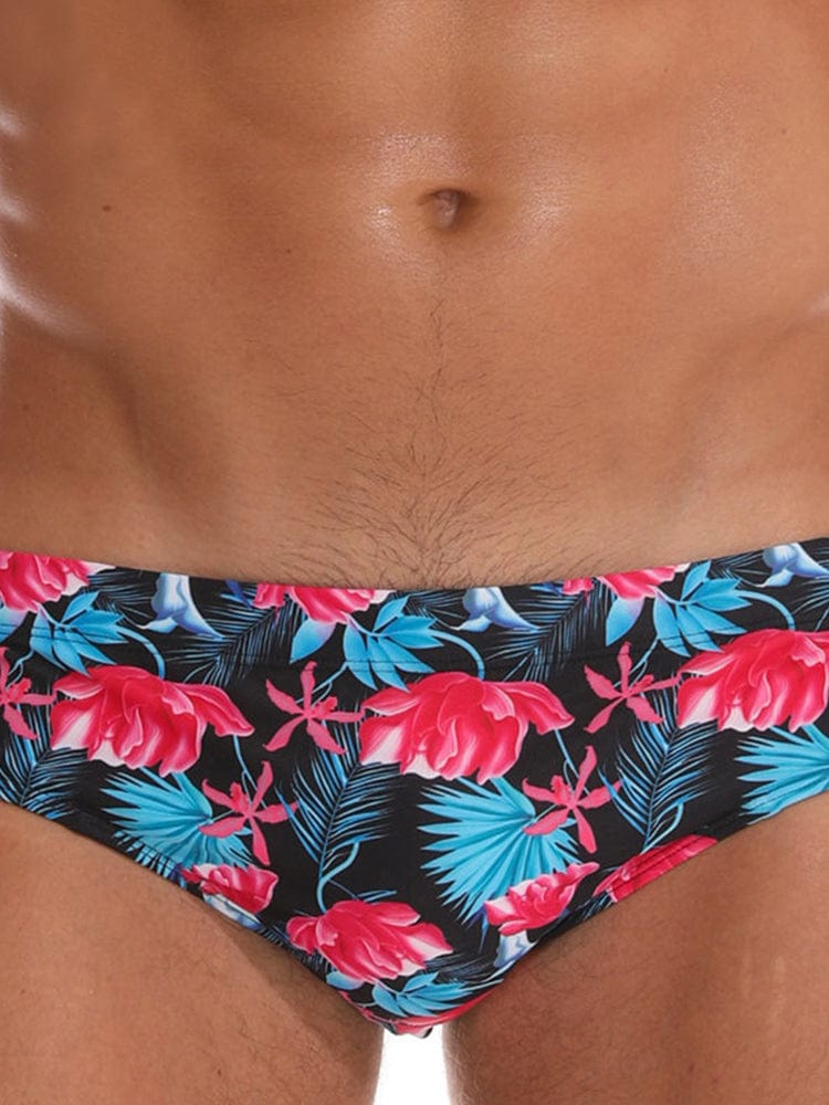 menaful Red Flowers / M Solid Color Printed Men's Swim Briefs