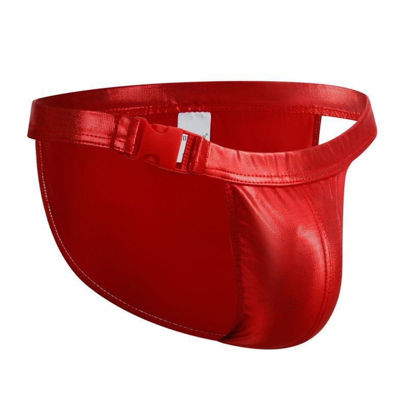 menaful Red / M Sexy Buckle Laser Faux Leather Briefs