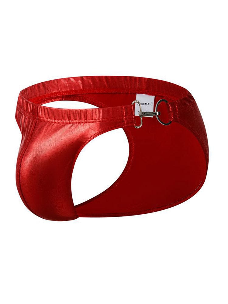 menaful Red / M Sexy Metal Buckle Laser Faux Leather Briefs