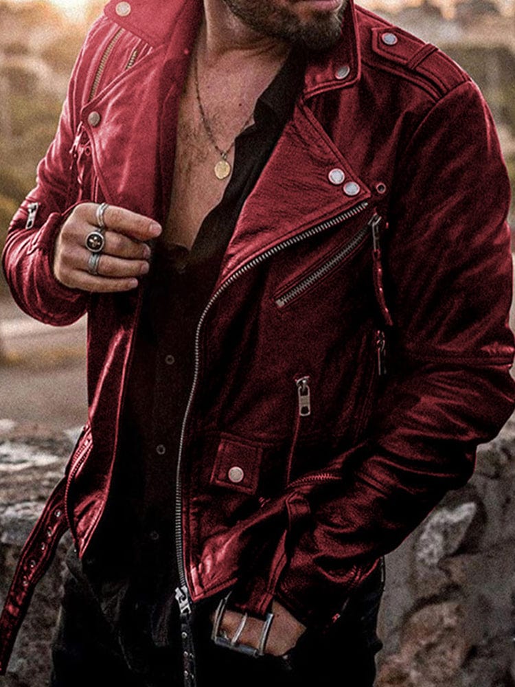 menaful Red / S Slim Fit Biker PU Leather Jacket