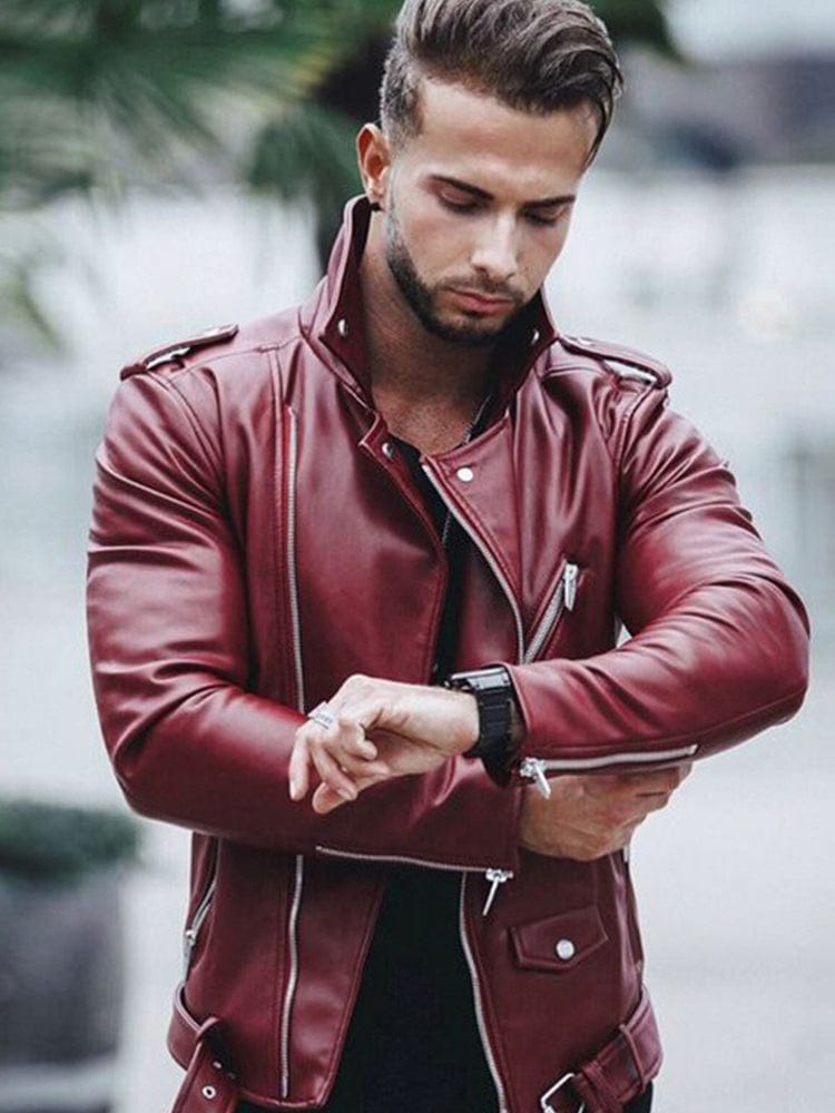 menaful Red / S Turtleneck Paneled PU Leather Biker Jacket