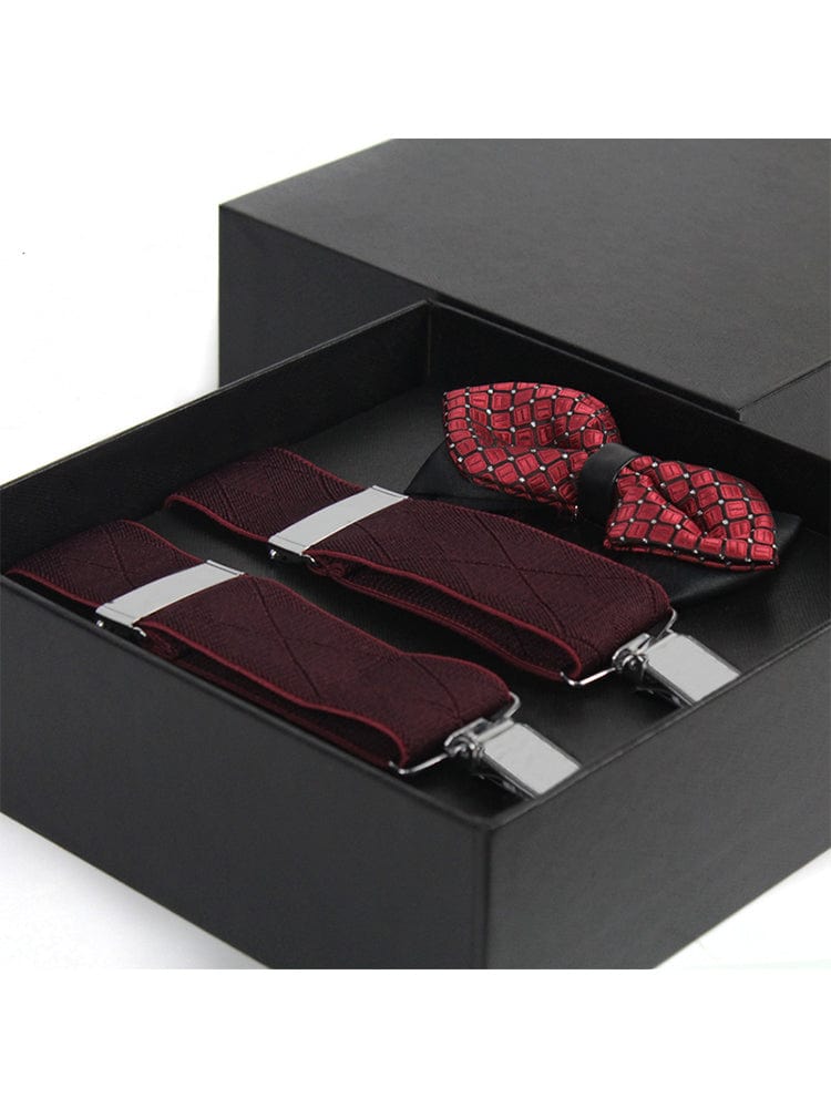 menaful Red+Tie Men's black elastic buckle non-slip suspenders set