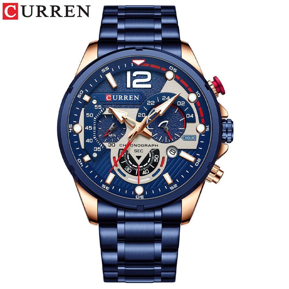 Menaful™ rose+blue Men's six-needle steel strap sports quartz watch