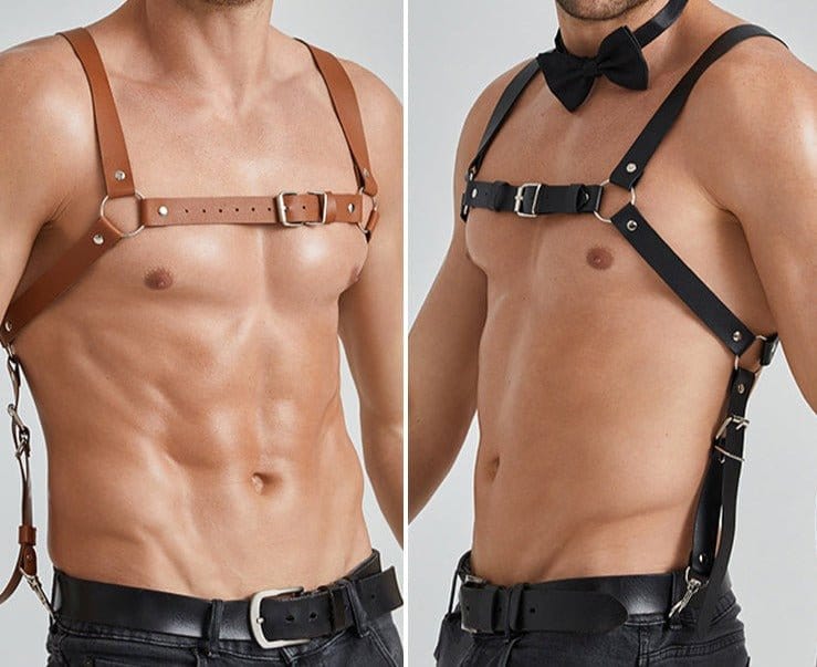 menaful Set (Black+Brown) / One Size / PU Leather Chest Harness Mens Strap Belts