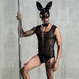 menaful Set (mask+bodysuit+tail+cravat) Black Sexy Rabbit Man Cosplay Suit