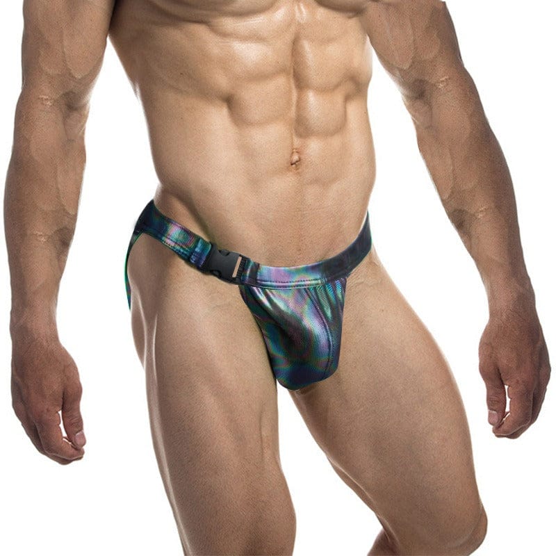 menaful Sexy Buckle Laser Faux Leather Briefs