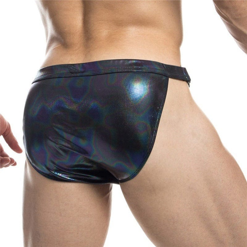 menaful Sexy Buckle Laser Faux Leather Briefs