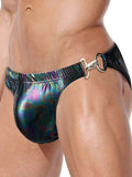 menaful Sexy Metal Buckle Laser Faux Leather Briefs