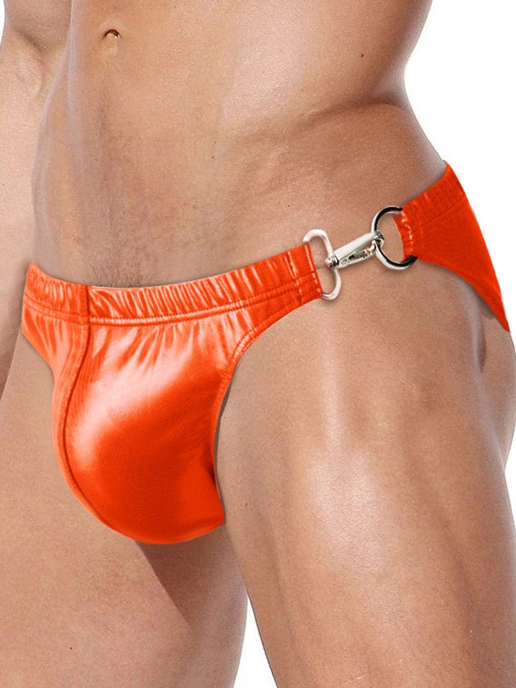 menaful Sexy Metal Buckle Laser Faux Leather Briefs