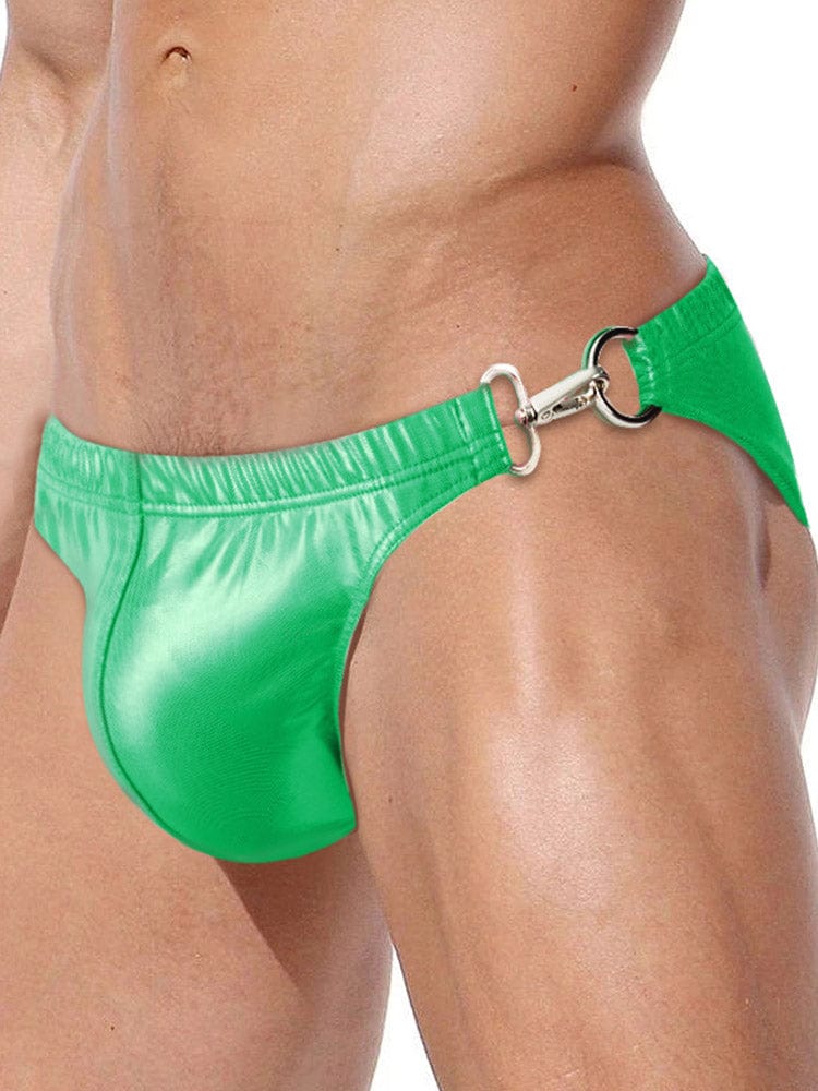 menaful Sexy Metal Buckle Laser Faux Leather Briefs