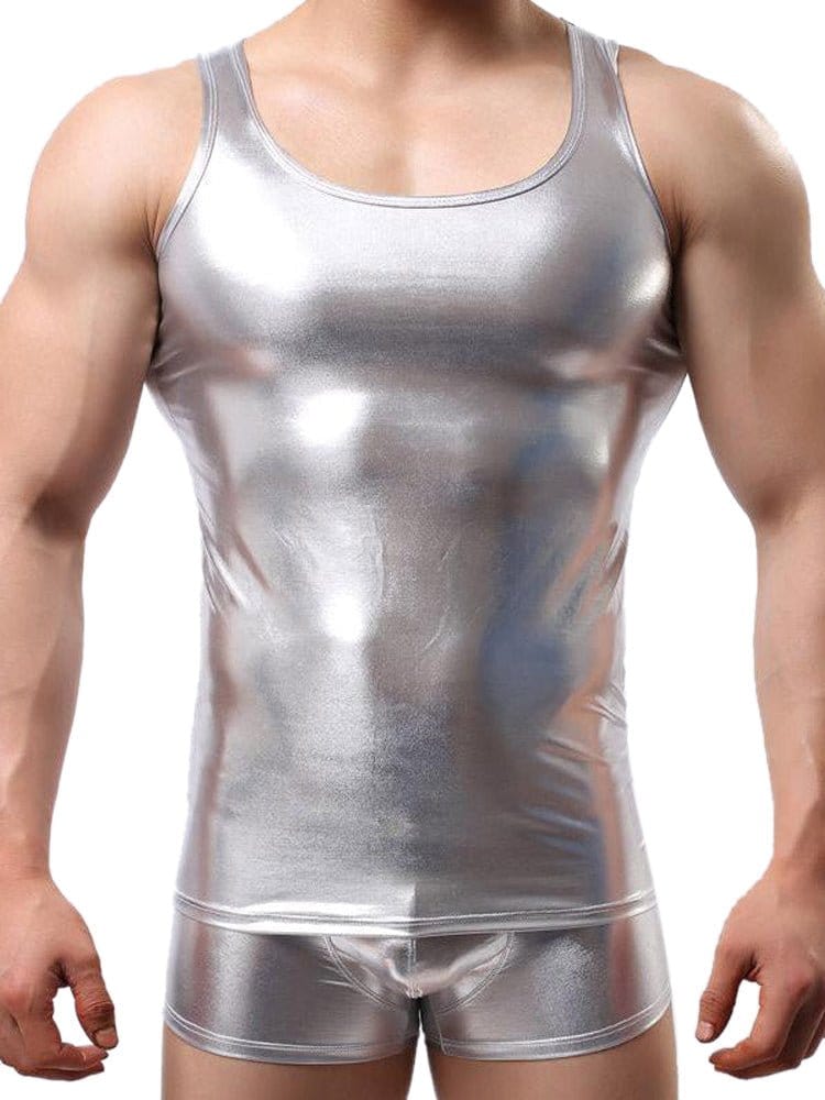 menaful Silver / M Leather Sexy Tank Top