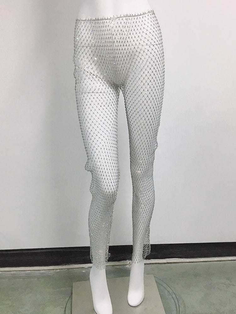 menaful Silver / One Size Sexy See-through Tight Rhinestone Fishnet Stocking