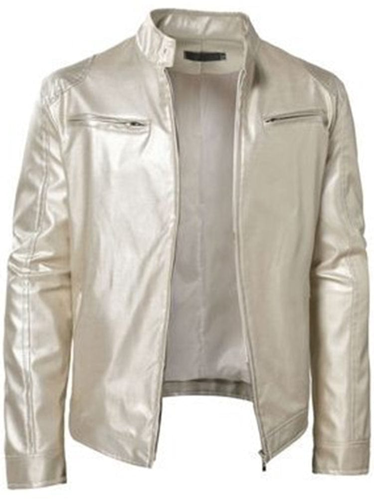 menaful Silver / S Stand Collar Slim Fit Pu Leather Jacket