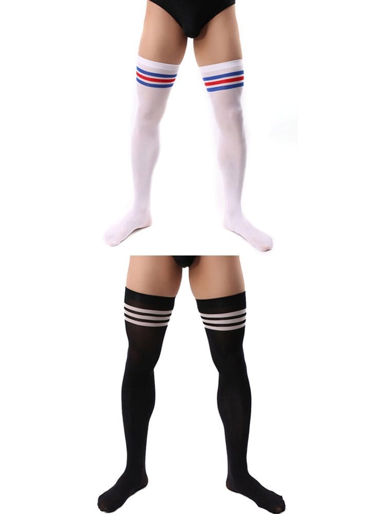 menaful socks Black + White with Red & Blue Stripe / 53cm 2 PCS Men's Striped Stockings Set