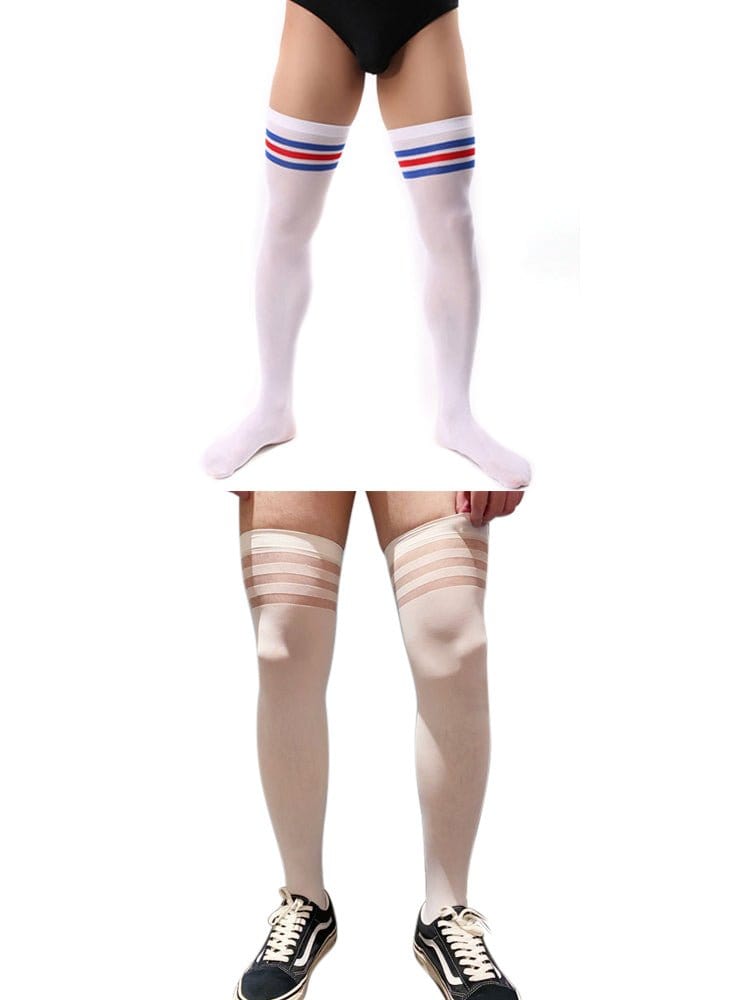 menaful socks White + White with Red & Blue Stripe / 53cm 2 PCS Men's Striped Stockings Set