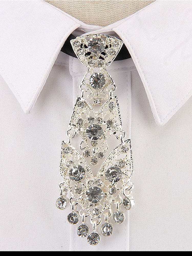 menaful tie White Glass Diamond Metallic Diamond Studded Necktie