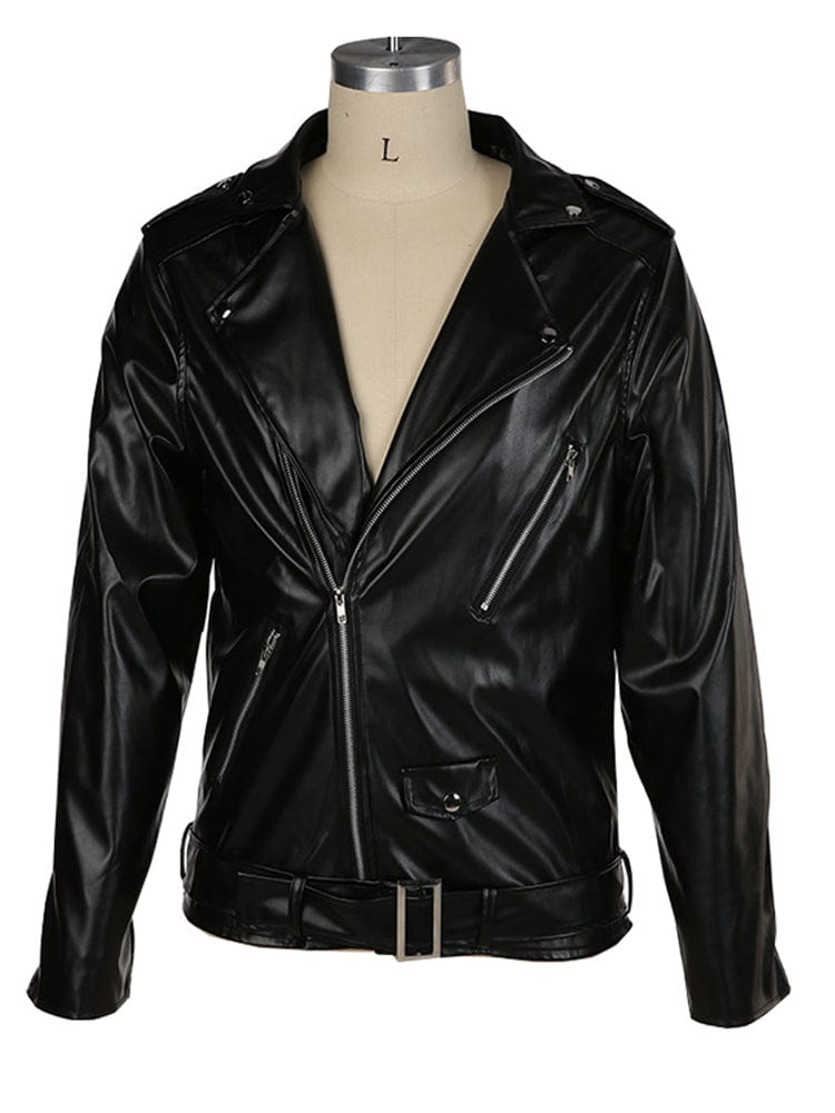 menaful Turtleneck Paneled PU Leather Biker Jacket