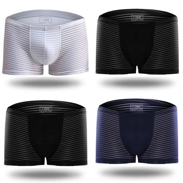 Menaful™ underwear White, Dark Blue, 2 Black / L (30-32) Silky Sheer Striped Boxer Briefs 4-Pack