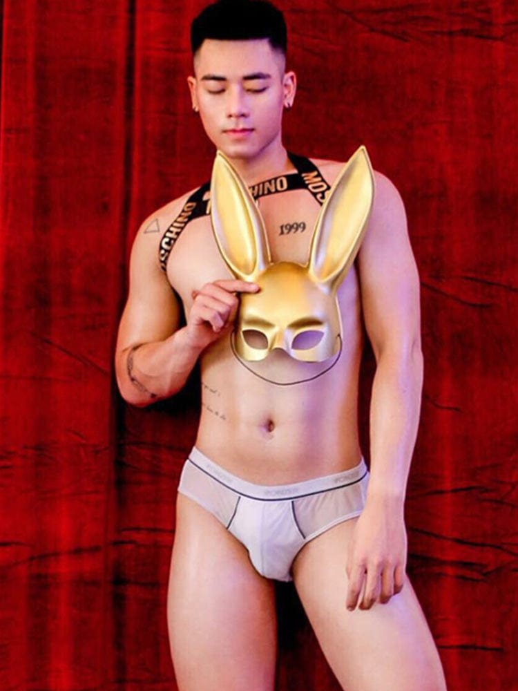 menaful White - Glossy / One Size / PU Leather Bunny Rabbit Ears Leather Face Mask