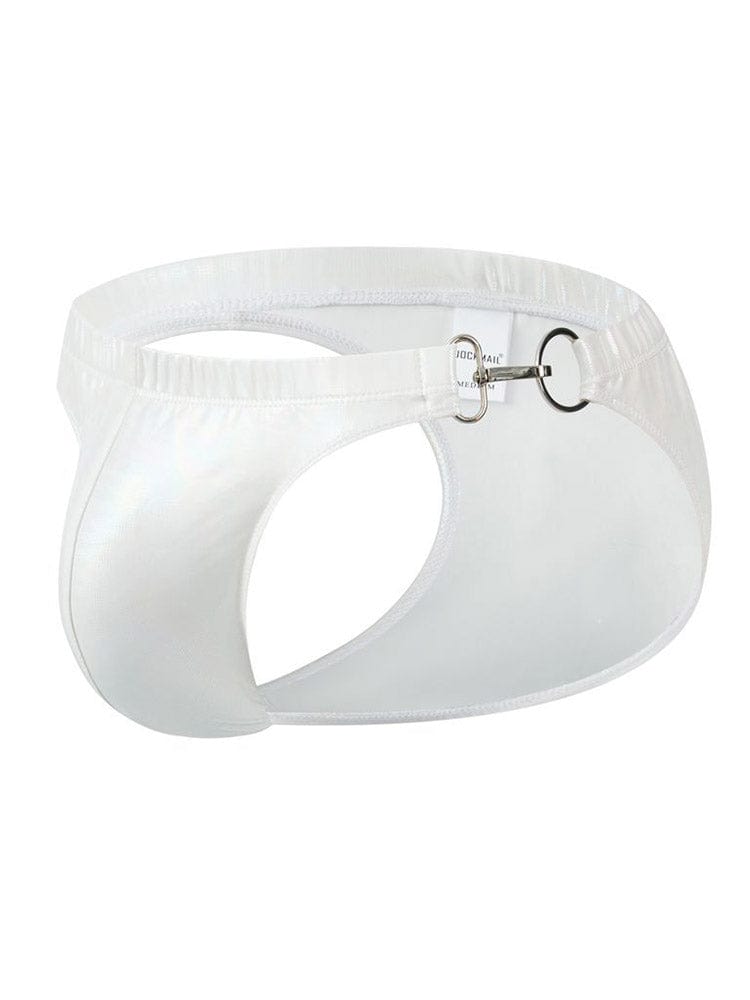 menaful White / M Sexy Metal Buckle Laser Faux Leather Briefs