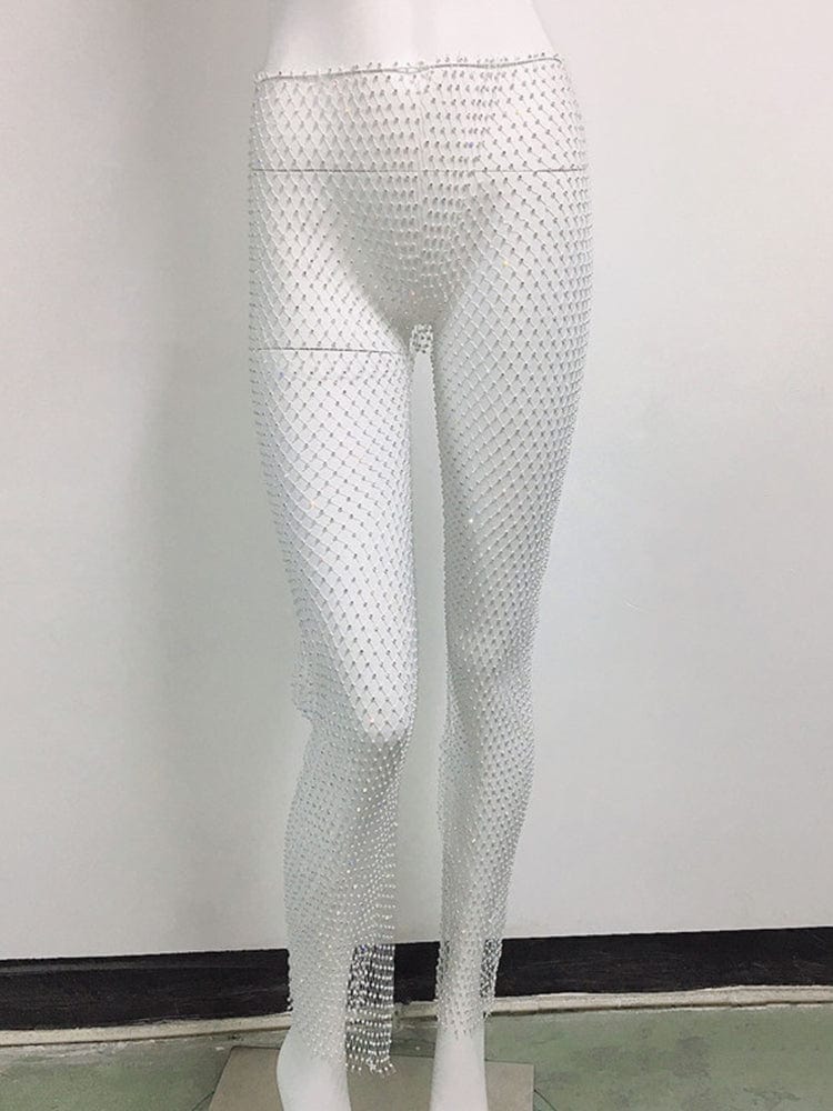 menaful White / One Size Sexy See-through Tight Rhinestone Fishnet Stocking