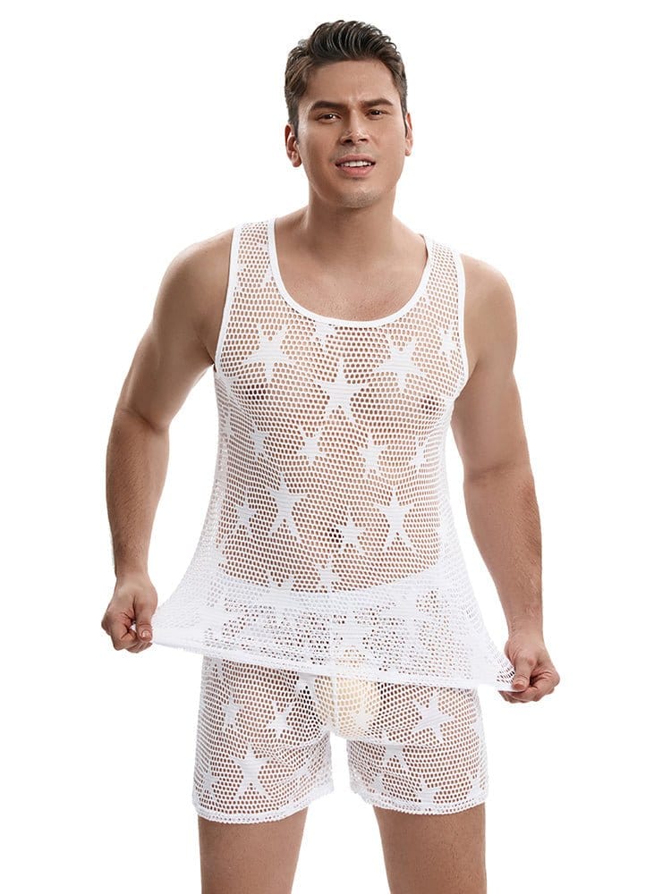 menaful White / S Attention Sheer Star Muscle Tank - White