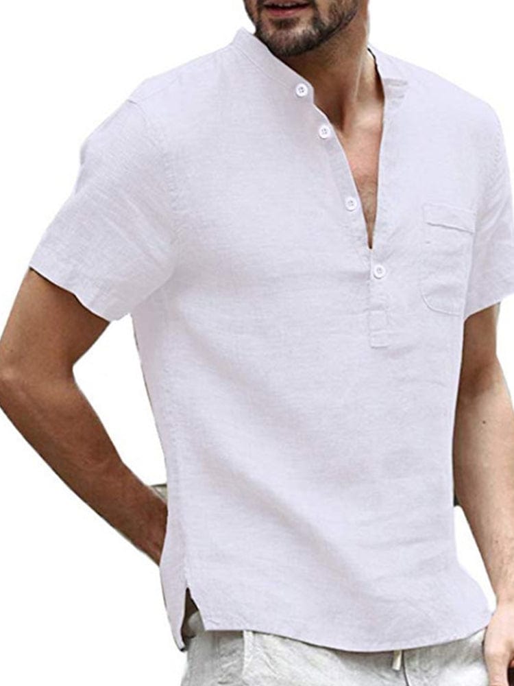 menaful White / S Men's Cotton Linen Short Sleeve Shirt