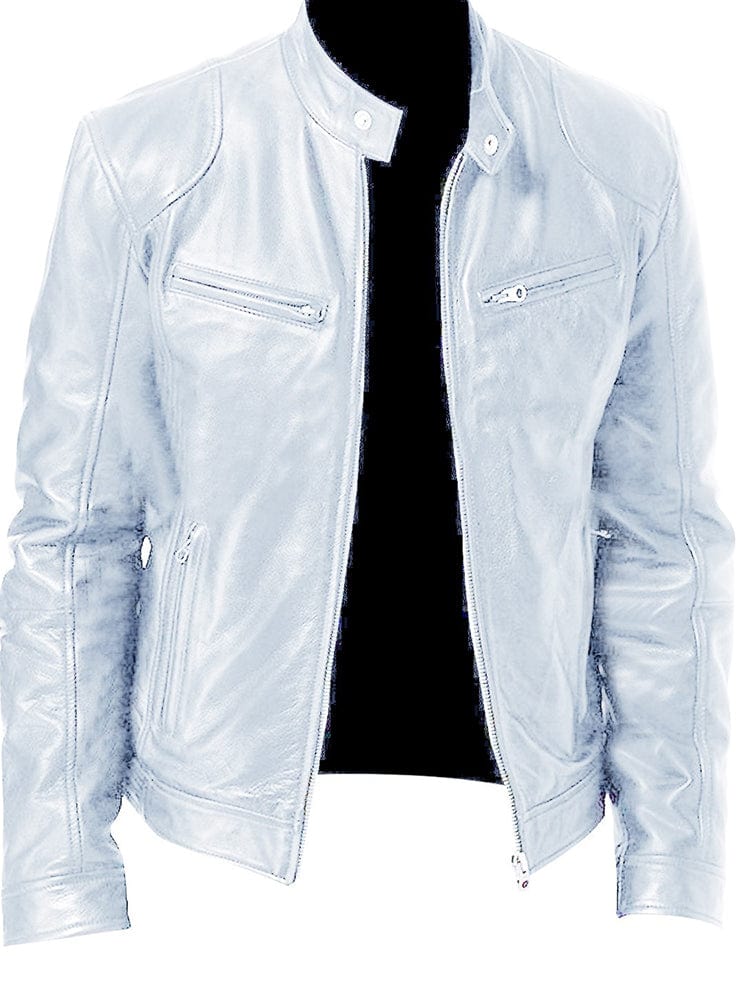 menaful White / S Stand Collar Slim Fit Pu Leather Jacket