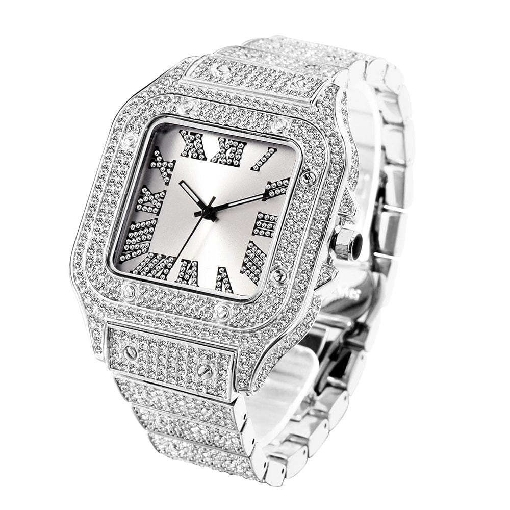 Menaful™ white+white Men's Roman Scale Fashion Inlaid Diamond Square Quartz Watch (Japanese Movement)