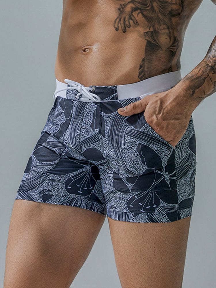 menaful With black color flowers / S Men's Printed Quick-drying Boxer Trunks