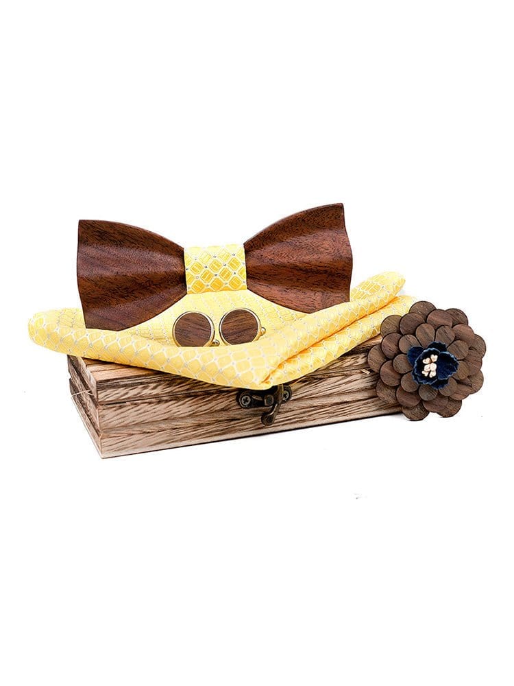 menaful Yellow Business Wood Bow Tie Cufflinks Square Scarf Corsage Set