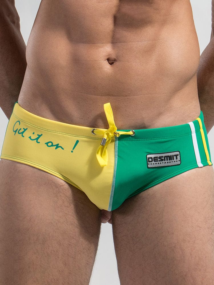 menaful Yellow+Green / M Men's Colorblock Tethered Low Rise Beach Swim Briefs