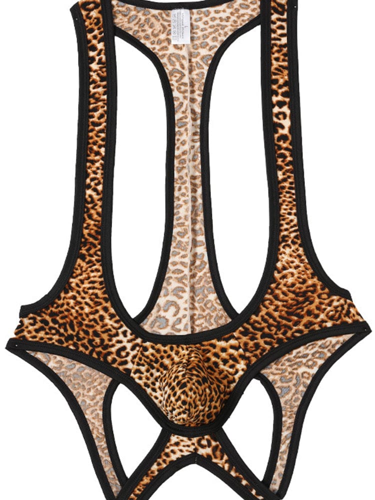 menaful Yellow Leopard Print / M Men's Mesh Breathable One-piece Bodysuit